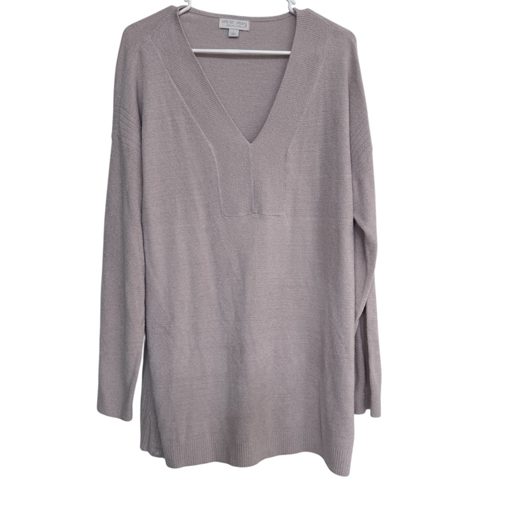 Barefoot Dreams Cozy Chic Ultra Lite L Beige So Soft Sweater Tunic Top V Neck
